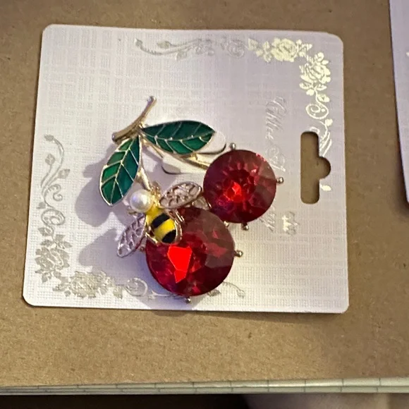 Crystal Cherry Bee Brooch - Red & Green Accents - Picture 1 of 1